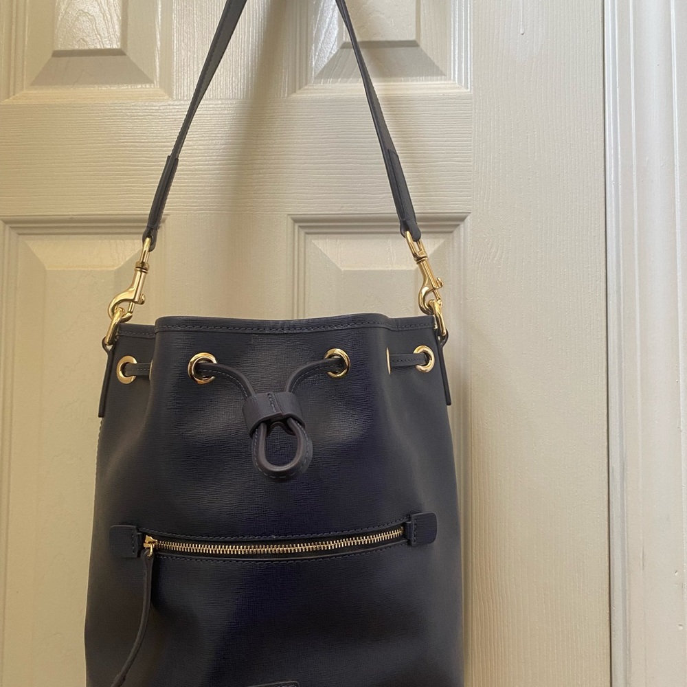 Dooney and Bourke Drawstring Bag.  Marine (navy) Italian Saffiano leather.